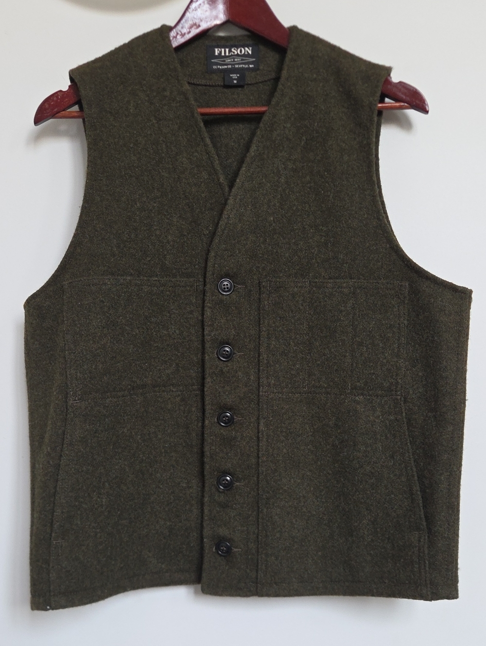 Filson Mackinaw Olive Green Wool Button-Front Vest Size Medium